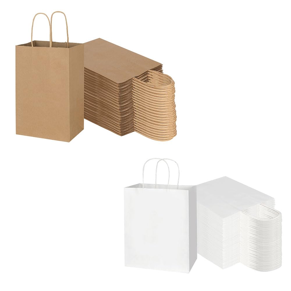 Toovip Each 100 Pack Small Brown & Medium White Kraft Paper Gift Wrap Bags with Handles Bulk