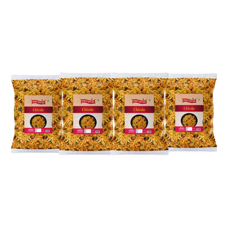 Image of OKHLI MUSAL BRAND Makai CornFlakes Poha Dry Fruits Namkeen Mixture Chivra | Classic Indian Atkulu Aval Cornflakes Chiwda | Chiwda | Namkeen | Namkeen Mixture No Added Preservatives-1Kg*4Pack