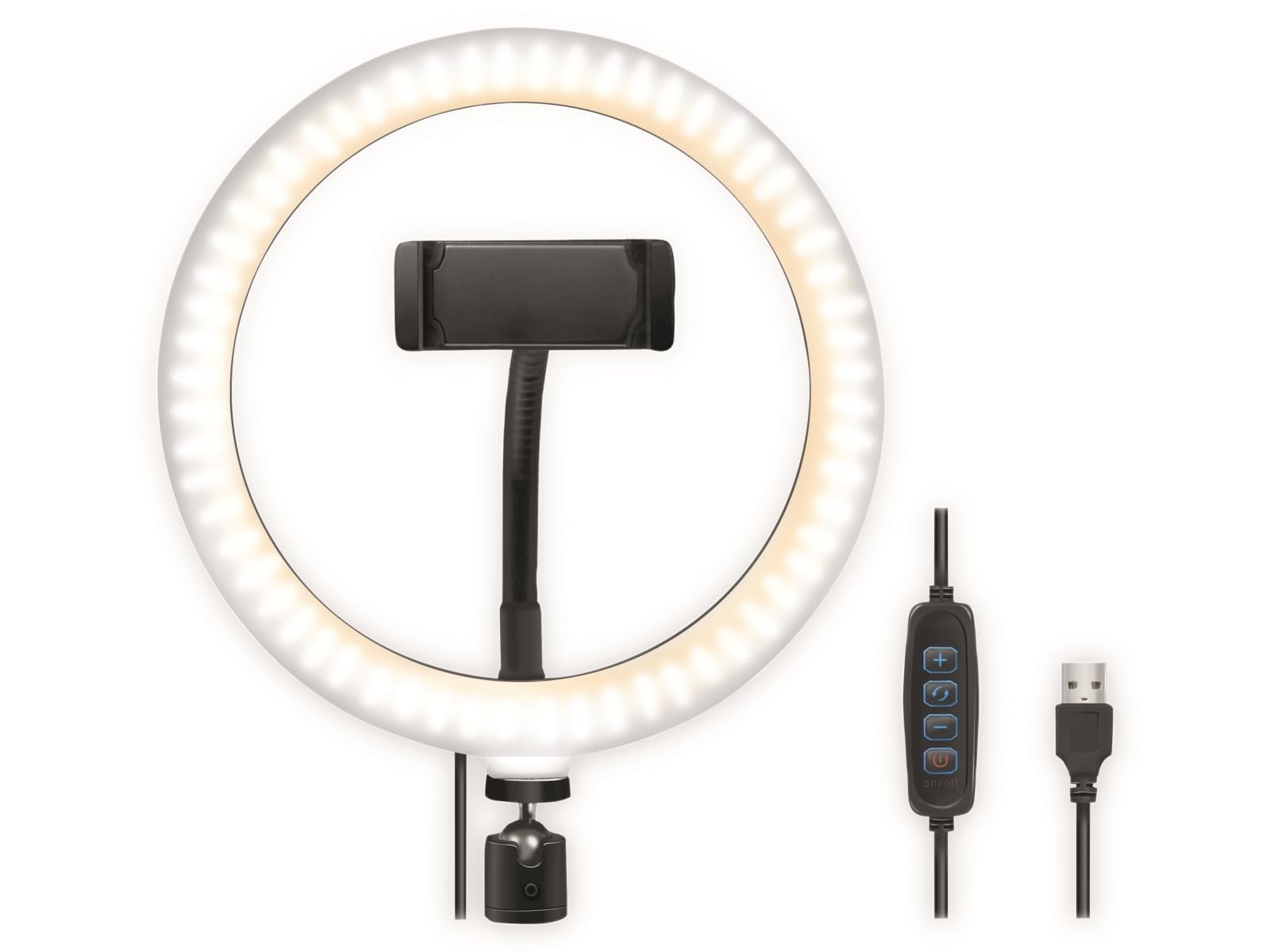 LogiLink AA0151 - lampa pierścieniowa LED (Ø 20 cm) z uchwytem na smartfon, 3 tryby kolorów (naturalny, ciepły, zimny) i 72 diody LED do profesjonalnych filmów i zdjęć, czarna, 72 diody LED (Ø 20)