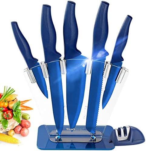 Blue 7 piece Kitchen Knife Units Dishwasher Protected, Knife Block Stainless Metal with Knives, Skilled Knife Set for Kitchen with Sharpener