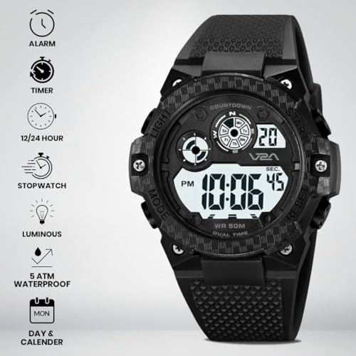 Image of V2A DIGITRON-VOLTRIX 2837 Digital Watch for Men | Bold Patterned Case Design | Dual Time Sports Watch with Countdown, Backlight & 50M Waterproof