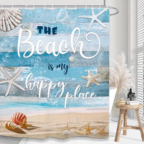 Yookeb Coastal Beach Farmhouse Bathroom Shower Curtain 60W by 71H Inch Starfish Ocean Sea Inspirational Rustic Country Motivational Positive Blue Wood Polyester 12 Plastic Hooks Waterproof Decor - Image 7
