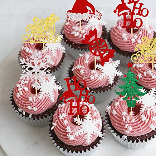 24 Pack Merry Christmas Cupcake Toppers Glitter Candy Sleigh Christmas Hat Tree Hohoho Cupcake Picks Merry Christmas Theme Happy New Year Holiday Party Cake Decorations Supplies #TOP2