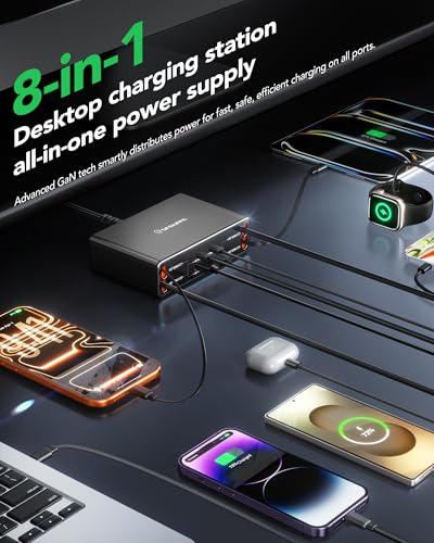 Image of 8-in-1 Retractable Charging Station for Multiple Devices, USB-C GaN Hub | 105W Retractable Charger, 4 Cables & 4 Ports, Clutter-Free Desk /Home, Travel-Ready, Fast Charge For iPhone /Galaxy /Pixel /iPad