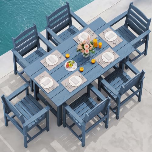 Image of SERWALL 7 Pcs Outdoor Dining Set, 1 Umbrella Hole Table & 6 Chairs, Blue | HDPE Outdoor Dining Furniture with Rectangular Table & 6 Chairs, All-Weather Resistant SERWALL Dining Set for 6