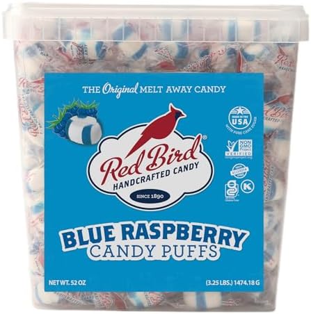 Red Bird Blue Raspberry Candy Mints, Bulk Individually Wrapped Soft Puffs, 52 oz Tub