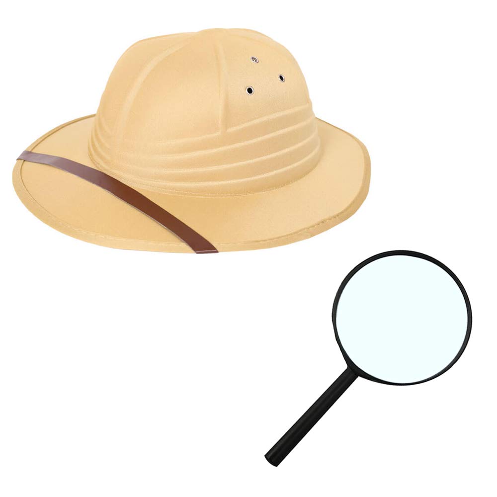Explorer Fancy Dress Kit - Safari Pith Helmet Hat Safari Hat Sun Helmet Plus Magnifying Glass - Adults One Size Fits Most