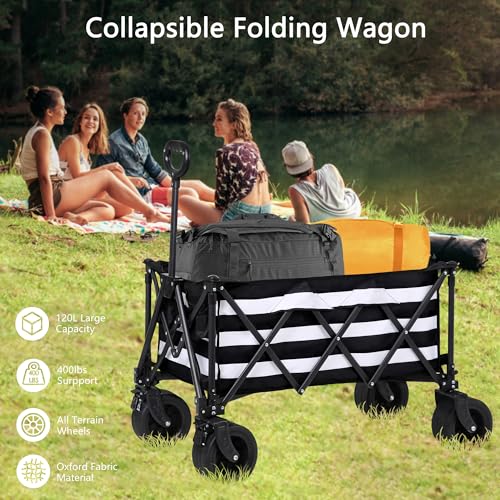 Wagons Carts Foldable with All-Terrain Big Wheels 400 LBS, Heavy Duty Collapsible Utility Wagon Cart, Folding Grocery Cart for Beach, Camping, Sports, Shopping, Garden and Fishing-Black Stripe — view 4