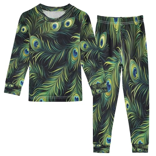 Pajama Sets Long Sleeve Watercolor Peacock Feathers Soft Comfy Sleepwear 2 Piece PJS 3-8T