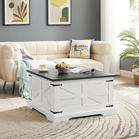 AOCOROE 31.5” Retro Square Wood Coffee Table, Rustic Farmhouse Center Table with Large Hidden Storage, Barn Design Coffee Table for Living Room, White Cover
