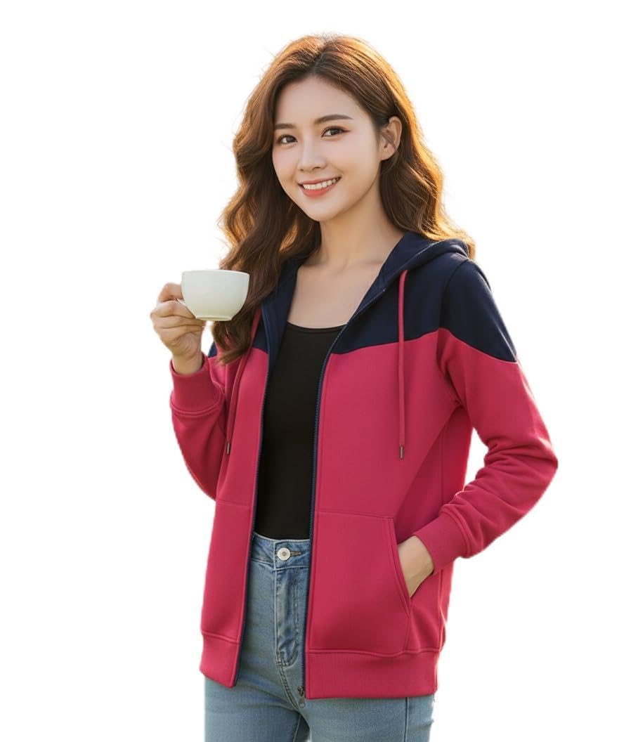 Shaarav Women's Colour-Block Zip-up Hoodie Jacket, Rani Pink and Navy Blue, Cotton Fleece, Regular Fit, Casual Athleisure-picture-10