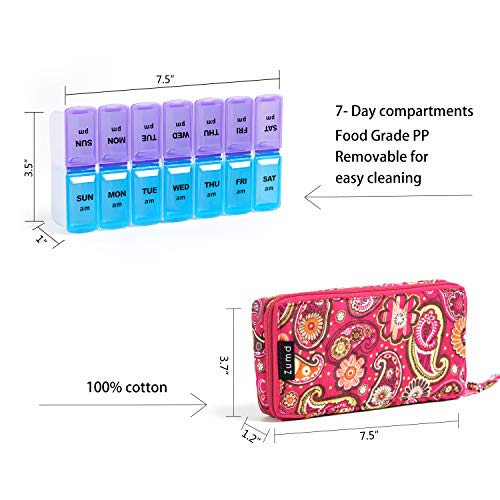 Image of Weekly Pill Organizer 2 Times a Day, Zumd Pill Box 7 Day with Cute Quilted Fabric Zipper Case, Travel Pill Case Am Pm for Vitamin Medicine Organizer