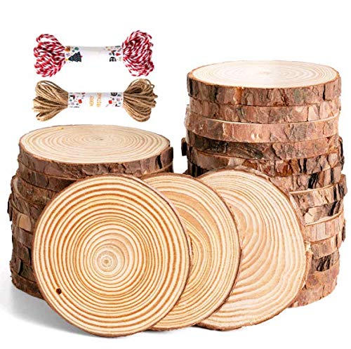 Natural Wood Slices 25 Pcs 3.5-4 Inches Unfinished Wood Craft Kit, Predrilled Wooden Circles with Hole Crafts Christmas Ornaments DIY Crafts with Bark for Crafts