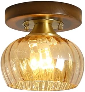 M-INI Hallway Ceiling Light Fixture Retro Brass Semi Lights with Amber Spiral Stripes Lampshade Nordic Solid Wood Lamp Brushed Antique Close to Walnut