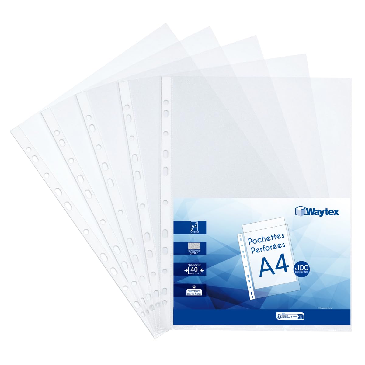 WAYTEX Perforated Folder A4, Transparent Grained, 40 Mic, Pack of 100