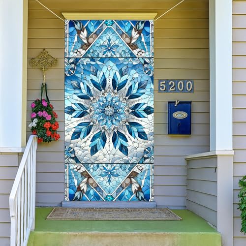 Image of Blue Mandala Stained Glass Door Cover 35x71in Crystal