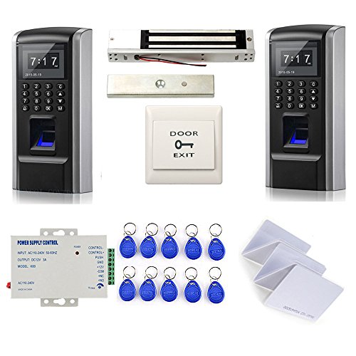 Tracking in and Out Biometric Fingerprint/RFID/PIN Access Control System with 600LBS Force Electric Magnetic Lock + 110-240V Power Supply+RFID Cards+ Keyfobs+Exit Button