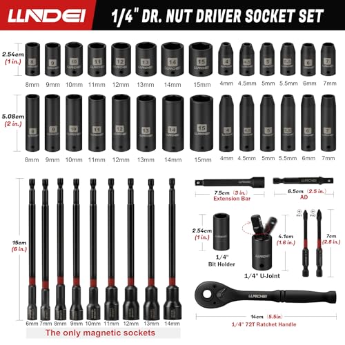 Llndei 1/4 Inch Drive Socket Set & Nut Driver Set 44Pcs, 1/4-Inch Sockets Deep&Shallow Metric(4-15Mm) With Ratchet thumb #2