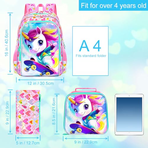Image of 16 inch Unicorn Backpack for Girls, 3Pcs School Backpacks Set for Elementary Preschool Kindergarten, Kids Bookbag with Lunch Box (Pink)
