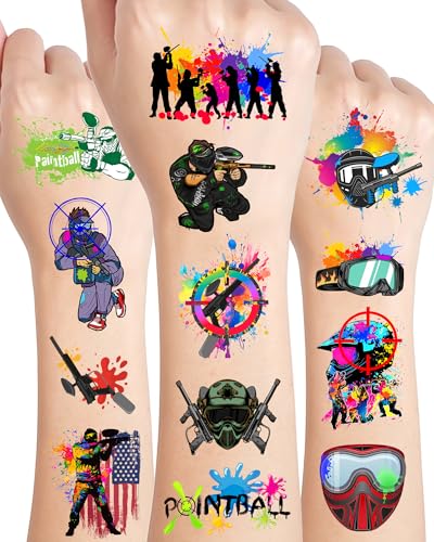 YanZonic 204Pcs Paintball Temporary Tattoos - Fun Kids Paintballs Tattoos Temporary Stickers Favors for Paintball Birthday Decorations, Paintball Party Supplies Class School Carnival