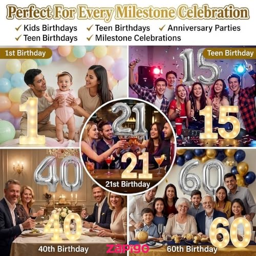 Image of Balloonistics Silver 40-Inch Foil Number 5 Balloon with Matching LED Marquee Light - Combo Set for 5th Birthday, Anniversary, Party Decoration, Photo Booth Backdrop