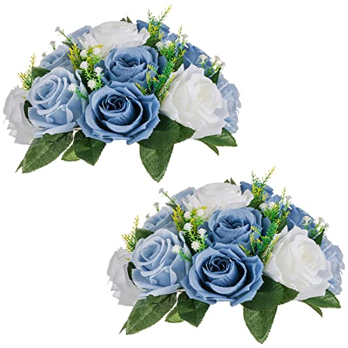 NUPTIO Flower Balls for Wedding Centrepieces - 2 Pcs 24cm Diameter Artificial Flower Ball Arrangement Bouquet Party Centerpieces for Tables - Dusty Blue & White Fake Rose Flowers for Weddings Decor