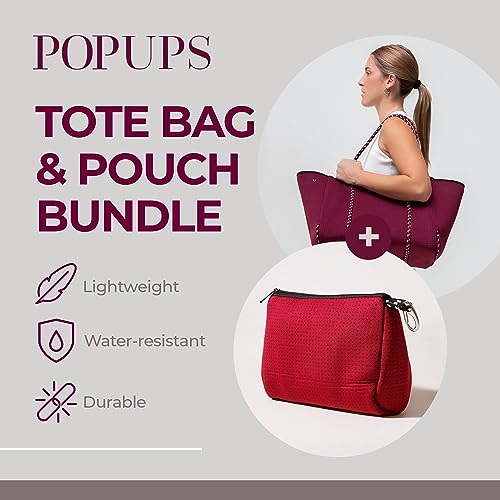 POPUPS Large Neoprene Tote Bag and Large Makeup Bag Bundle, Waterproof and Lightweight Travel Bags, Durable Travel Essentials for Women (Burgundy)2