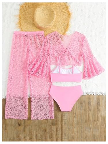 Verdusa Girl's 4 Piece Hollow Out Bikini Set Crochet Swimsuit with Cover Up Sets2