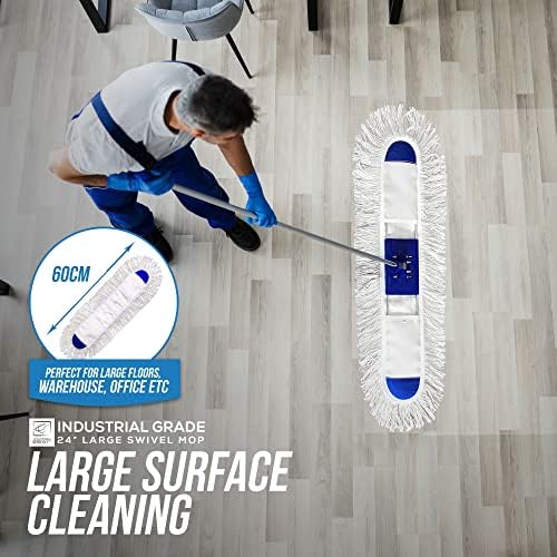 60cm Large Flat Mop Floor Duster, Industrial Mop Kit with Absorbent Cotton Floor Mop Pad and 77cm-133cm Telescopic Mop Handle, Swivel Head Dust Mop Floor Sweeper for Warehouse, Hotel and Home Cleaning