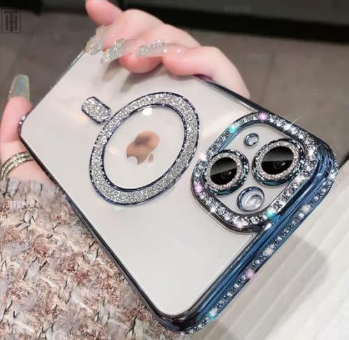 Image of Cute Compatible with iPhone 13 Diamond Glitter Case,Luxury Bling Rhinestone Soft Clear TPU Bumper Case,Compatible with MagSfe and Camera Lens Protection Cover for Women Girls (Blue)