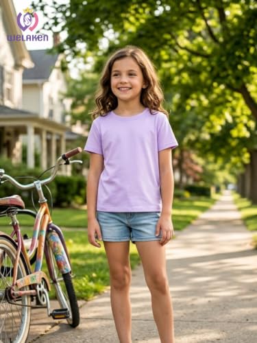 Image of WELAKEN Girls Soft T-Shirt with Curved Hem, Breathable Stretchy Rayon Crewneck Short Sleeve Tees, Kids Everyday Basic Top