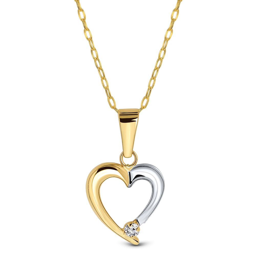 MIORE - Ciondolo Collana Donna Cuore Oro Bianco Oro Giallo con Zircone, Vero Oro 9KT 375, Pendente Cuore con Catena Cm. 45 Oro 9KT, Argento 925 Placcata Oro 18Kt o senza Catena.