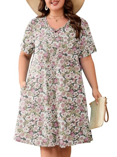 Image of AusLook Plus Size Midi Dress for Women Short Sleeve V Neck Criss Cross A Line Summer Casual Vacation Sundresses with Pockets