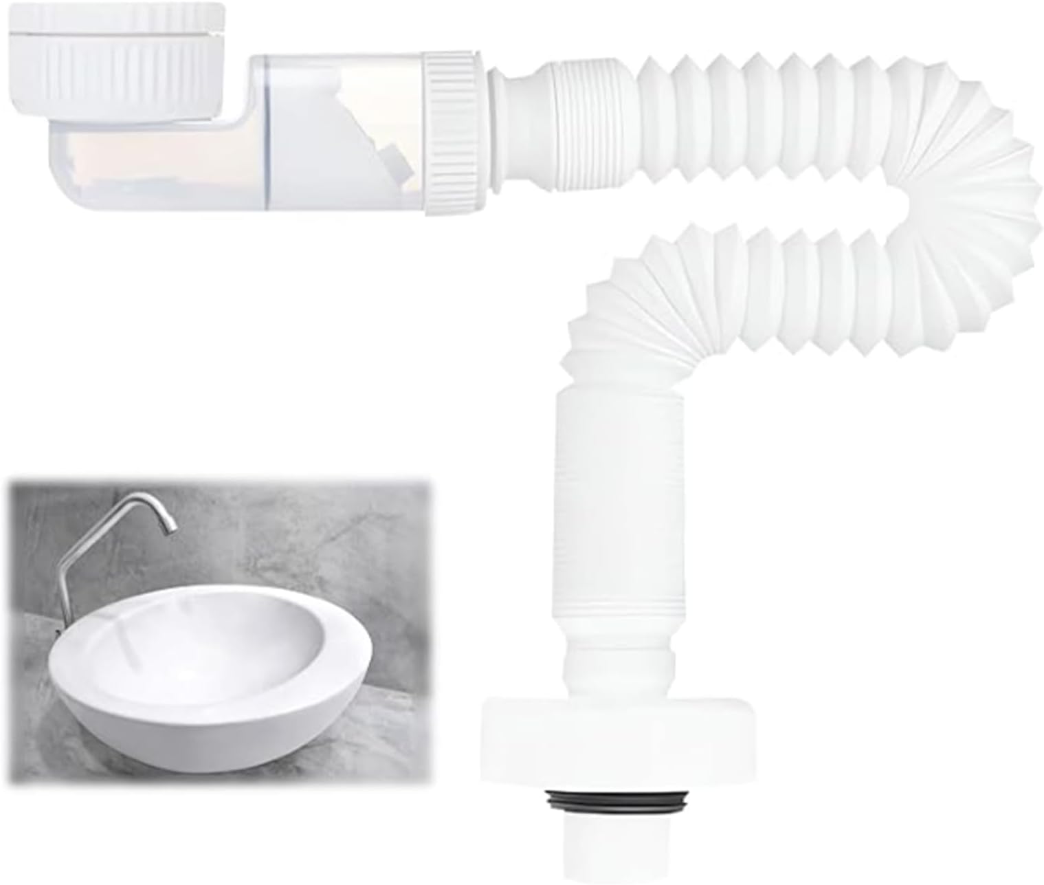 1 1/4 Inch Siphon, Space-Saving Siphon, Washbasin, 360° Adjustable Siphon, Flexible, Drain Pipe with Odour Trap for Kitchen Sink, Washing Machine, Bathroom