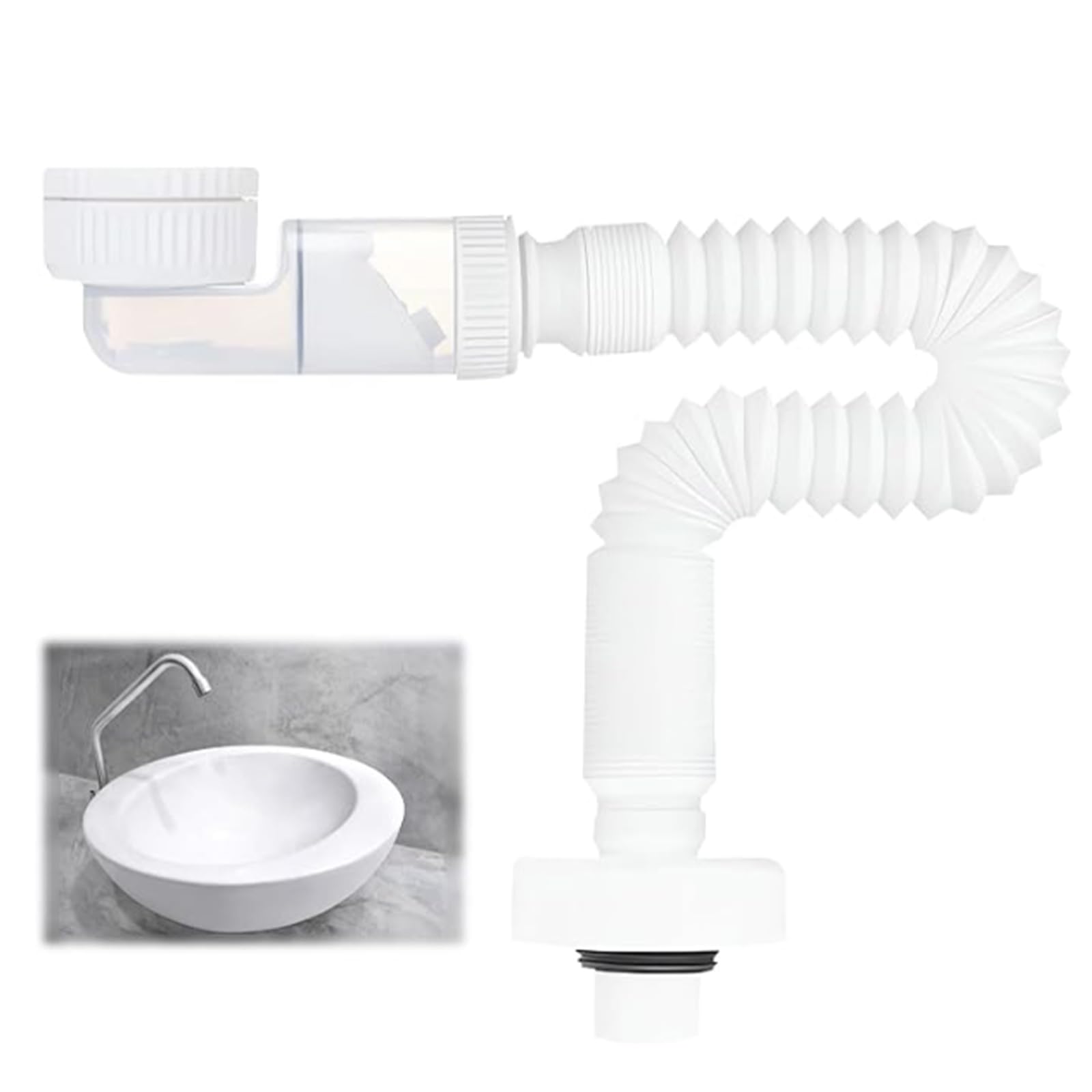 1 1/4 Inch Siphon, Space-Saving Siphon, Washbasin, 360° Adjustable Siphon, Flexible, Drain Pipe with Odour Trap for Kitchen Sink, Washing Machine, Bathroom