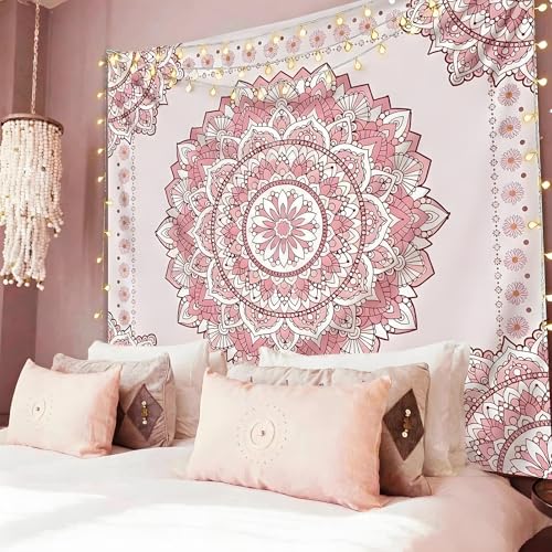 Atrippy Boho Pink Mandala Wall Tapestry for Bedroom, White and Pink Aesthetic Tapestry Room Decor for Teen Girls, Art Floral Wall Hanging for College Dorm (51''x60'')