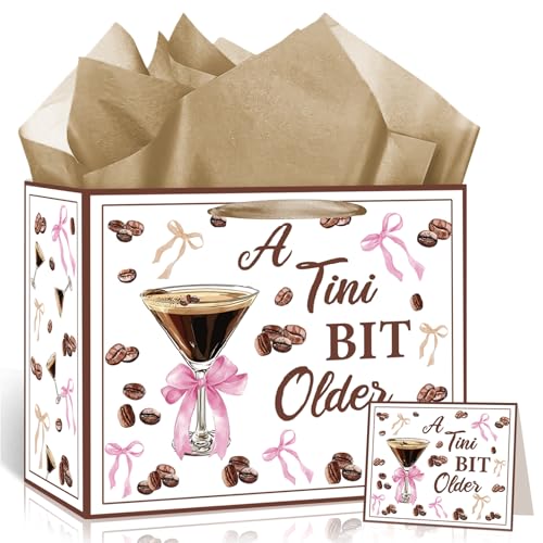 A Tini Bit Older Gift Bag for Martini Party Decorations White Espresso Birthday Party Favors Gift Bag with Card Wrapping Paper Martini Bachelorette Gift Wrapping Bags for Coffee Tini Bar Bridal Shower