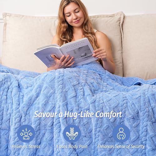 Image of Wemore Weighted Blanket for Adults Queen Size 20 lbs, Dual Sided Soft Fuzzy Jacquard Sherpa Weighted Blankets Throw, Cozy Fluffy Knitted Heavy Blanket for Couch Bed, Blue, 60 x 80 inches