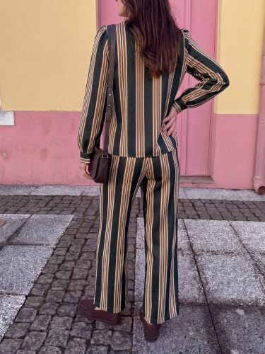 Womens Striped Linen Two Piece Outfit Shirt and Pants Set - image 2