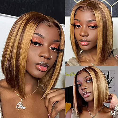 Highlight Ombre 13x6X1 Lace Front Short Bob Wigs 10 Inch Human Hair for Black Women 150 Density Brazilian Remy Hair Brown Blonde Straight Lace Frontal Wig Pre Plucked with Baby Hair