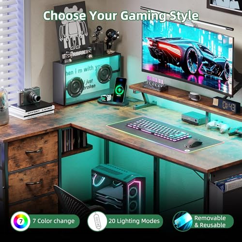 Image of VERMESS 47 inch Reversible L Shaped Gaming Computer Desk, Corner Desk with Power Outlets & Monitor Stand, Writing Study Table with 4 Storage Drawers, Desk with LED Lights, Rustic Brown
