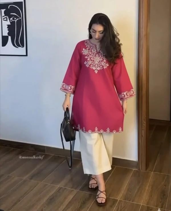 Image of Women's Cotton Embroidered Kurta with Plazzo