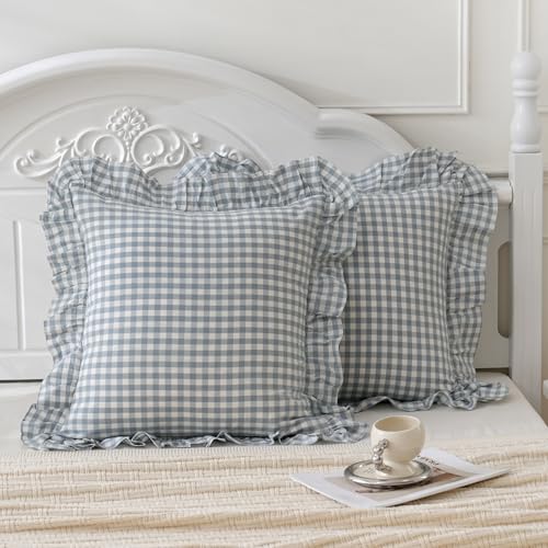 Blue White Plaid Euro Pillow Shams Ruffle Pillowcases Set of 2,Shabby Checkered Washed Cotton Pillow Covers-26 x26,Blue/White Plaid