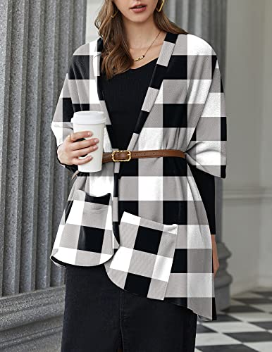 Ekouaer Women Fleece Shawl Wraps Plaid Open Front Poncho Cardigan Warm Scarf With Pockets Black&White Small #TOP1