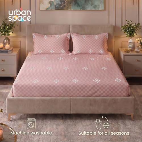 Image of Urban Space 100% Cotton 300TC Jacquard Embroidered bedsheets for King Size Bed, Pure Cotton King Bedsheet, Checks bedsheet King Size with 2 Pillow Covers (108 inch x 108 inch, Diamond Dusty Pink)