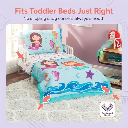 Image of EVERYDAY KIDS 4 Piece Toddler Bedding Set -Undersea Mermaids Adventure- Includes Comforter, Flat Sheet, Fitted Sheet and Reversible Pillowcase