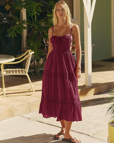 Image of VIUTIL Women Backless Flowy Dress Strap Tiered Long Dresses Summer Beach Sexy Vacation Sundress with Pockets Clothes 2026, (Burgundy, Medium)