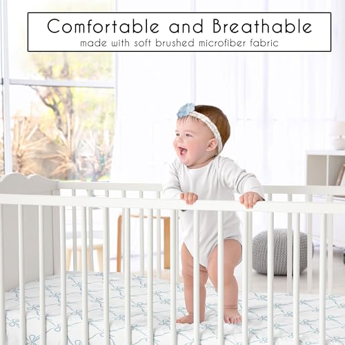 Image of Sweet Jojo Designs Fitted Baby Crib Sheets (Blue Bows) for Girls, Infant Nursery, Toddler Room - Standard Size (Tiffany and White Bow for The Ballerina Ballet Collection, Vintage Coquette Aesthetic)