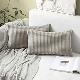MIULEE Set of 2 Decorative Corduroy Grey Cushion Covers 12x20 Inches, 30cm x 50cm Striped Solid Rectangle Throw Pillow Cases for Sofa Couch Home Bedroom Silver