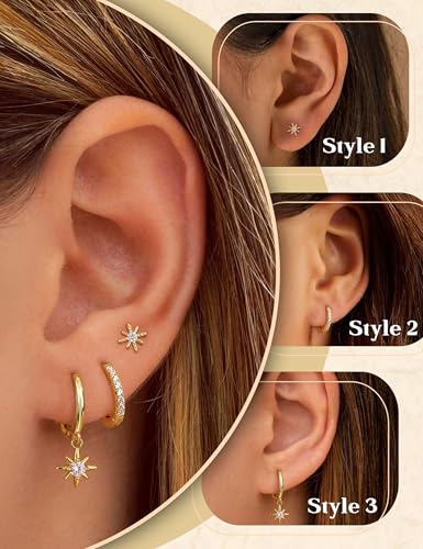 FIASASO 925 Sterling Silver Stud Huggie Earrings Set for Multiple Piercing Hypoallergenic 14K Gold Earrings Dainty Gold Earrings Small Hoop Earrings Cartilage Earrings for Women 3 Pairs4
